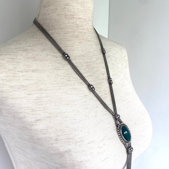 Sterling Silver 925 Green Chrysoprase Multi Strand Foxtail Chain Tassel Necklace - Picture 14 of 16